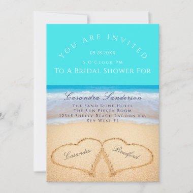 Teal Beach Wedding 2 Hearts Sand Bridal Shower Invitations