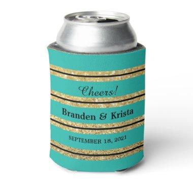 Teal Black and Gold Glitter Stripes | Wedding Can Cooler
