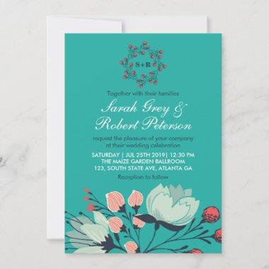 Teal Blue Floral and Leaves Wedding Invitations