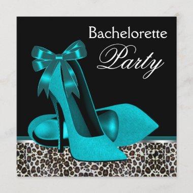 Teal Blue Leopard High Heels Bachelorette Party Invitations