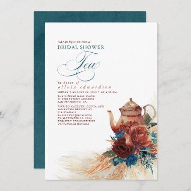 Teal Blue Terracotta Floral Bridal Shower Tea Invitations