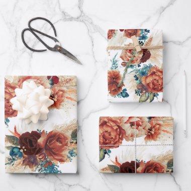 Teal Blue Terracotta Floral Pampas Grass Botanical Wrapping Paper Sheets