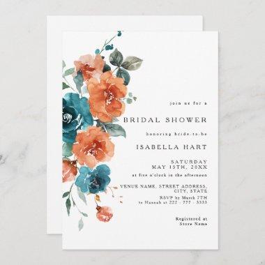 Teal Burnt Orange Floral Bridal Shower Invitations