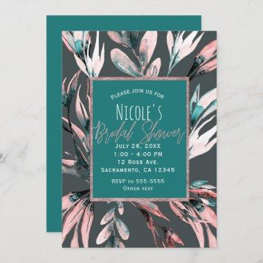 Teal Coral Grey Watercolor Botanical Bridal Shower Invitations