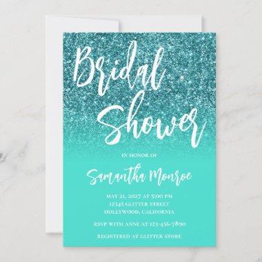 Teal Glitter Bright Turquoise Ombre Bridal Shower Invitations