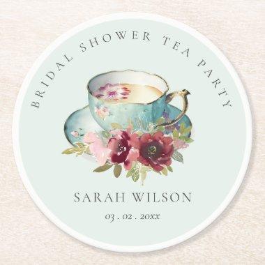 Teal Gold Floral Teacup Bridal Shower Tea Party Round Paper Coaster