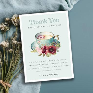 Teal Gold Floral Teacup Bridal Shower Tea Party Thank You Invitations