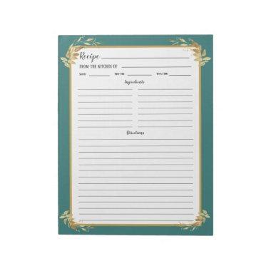 Teal Gold Foliage Recipe Binder Notepad
