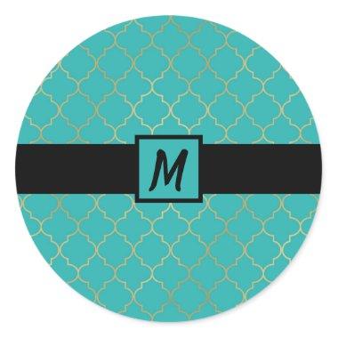Teal & Gold Quatrefoil Monogrammed Party Classic Round Sticker