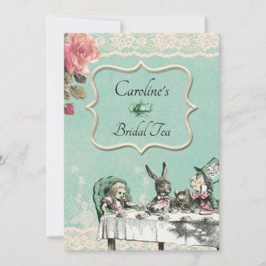 Teal Lace Alice Wonderland Tea Party Bridal Shower Invitations
