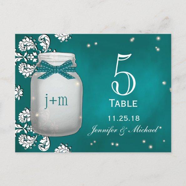 Teal Mason Jar with Fireflies Table Number Cards
