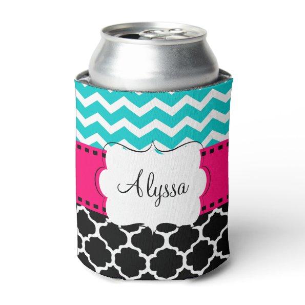 Teal Pink Chevron Quatrefoil Personalized Can Cooler