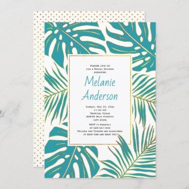Teal tropical leaves wedding bridal shower Invitations
