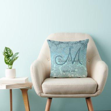 Teal Turquoise Elegant Stylish Wedding Monogram Throw Pillow