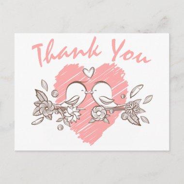 Thank You Pink Heart Lovebirds Wedding PostInvitations