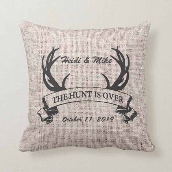 "The Hunt is Over" Rustic Antler Wedding Gift Throw Pillow