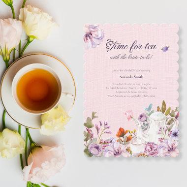 Time For Tea Party Watercolor Flower Bridal Shower Invitations