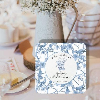 Toile Elegant Floral Blue and White Bridal Shower Square Paper Coaster