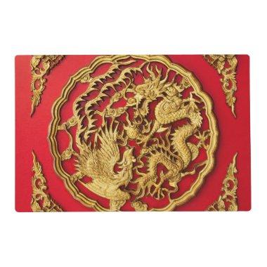 Traditional Dragon Phoenix Red Gold Asian Art Placemat