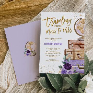 Traveling Miss to Mrs Purple Gold Bridal Shower Invitations
