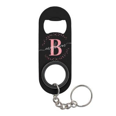 Trendy Girly Pink Black Name Script Monogrammed Keychain Bottle Opener