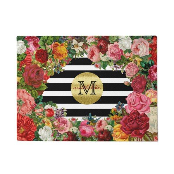 Trendy Monogram Stripes Roses Flowers Gold Glitter Doormat