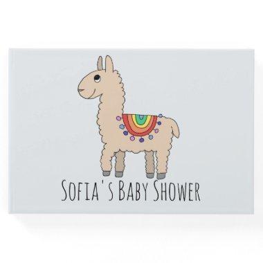 Trendy Rainbow Llama Cartoon and Name Baby Shower Guest Book