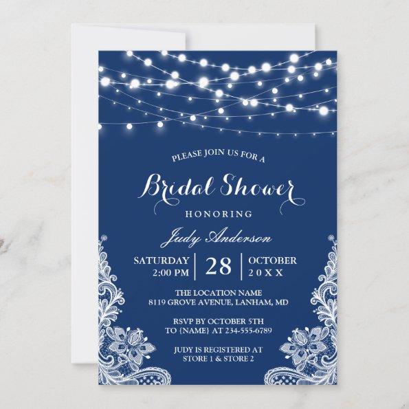 Trendy String Lights Lace Navy Blue Bridal Shower Invitations