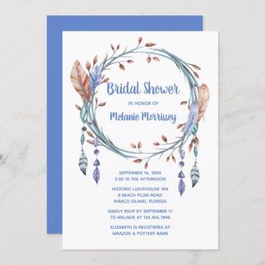 Tribal Feathers Blue Boho Bridal Shower Invitations