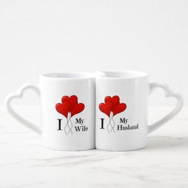 Trio of Red Heart Balloons Husband and Wife Coffee Mug Set