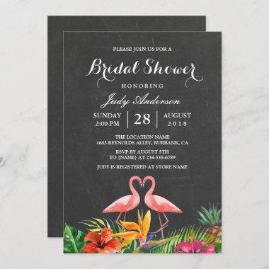 Tropical Bridal Shower Floral Chalkboard Flamingo Invitations