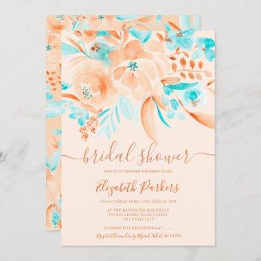 tropical coral orange teal floral bridal shower Invitations