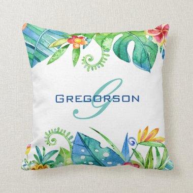 Tropical Elegant Watercolor Floral Greenery Name Throw Pillow