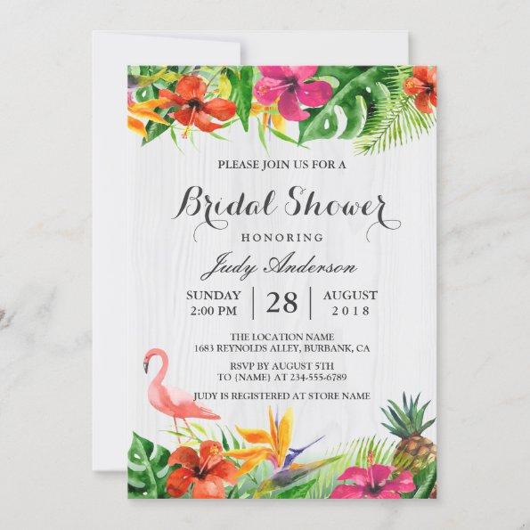Tropical Floral Rustic Wood Flamingo Bridal Shower Invitations
