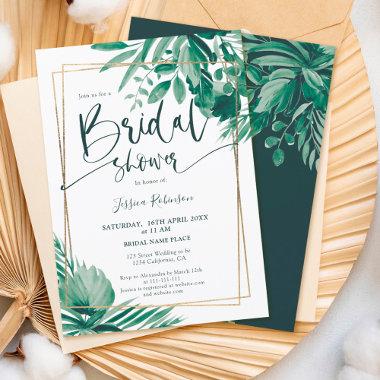 Tropical greenery palm gold script bridal shower Invitations