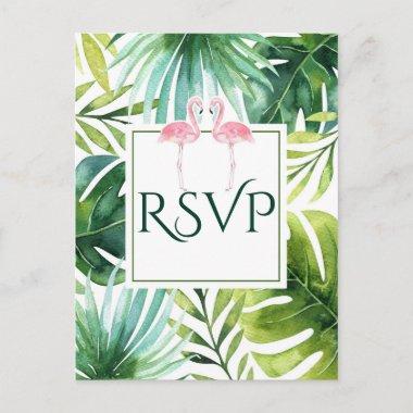 Tropical Leaves & Flamingos Summer Wedding RSVP Invitation PostInvitations