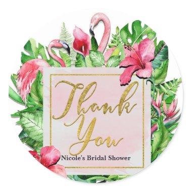 Tropical Leaves Flamingos Thank You Party Favor Classic Round Sticker