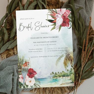 Tropical Palm Tree Floral Beach Bridal Shower Invitations