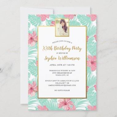 Tropical Palms Pink Floral Birthday Party Photo Invitations