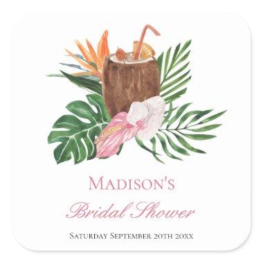 Tropical Paradise Cocktail & Floral Bridal Shower Square Sticker