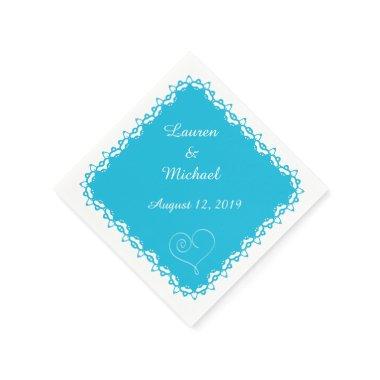 Turquoise Blue Doily Heart Personalized Paper Napkins