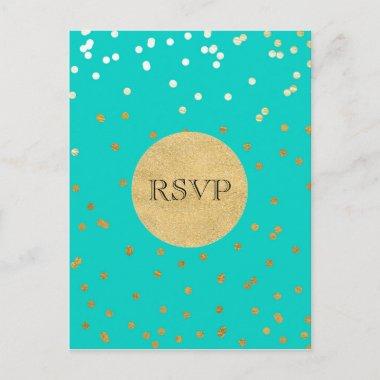 Turquoise Blue & Gold Shiny Confetti Dots RSVP Invitation PostInvitations