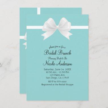Turquoise Blue Minimal White Bow Bridal Shower Invitations