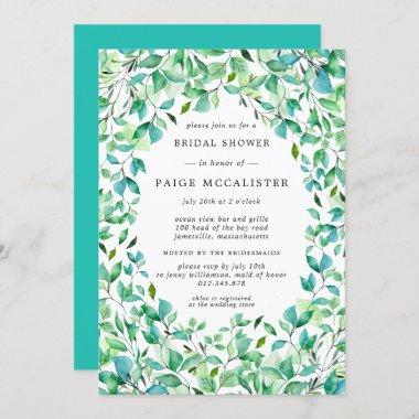 Turquoise Blue Sage Green Botanical Bridal Shower Invitations