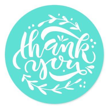 Turquoise Calligraphy Wreath Thank You Classic Round Sticker