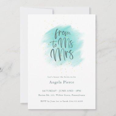 Turquoise Gold Ms to Mrs Calligraphy Bridal Shower Invitations