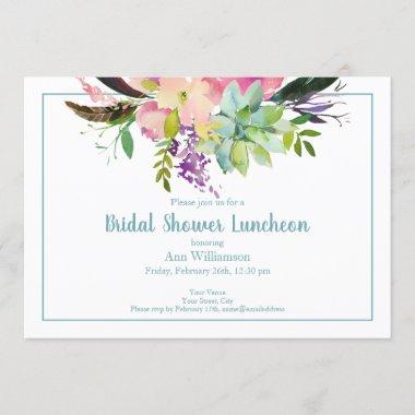 Turquoise Pink Watercolor Floral Bridal Shower Invitations