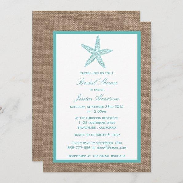Turquoise Starfish Beach Burlap Bridal Shower Invitations
