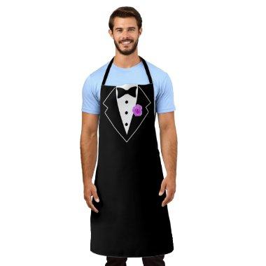 Tuxedo Black and White with Purple Flower in Lapel Apron