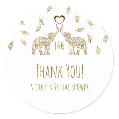 Two Gold Elephants & Fall Leaves Wedding Favor Classic Round Sticker